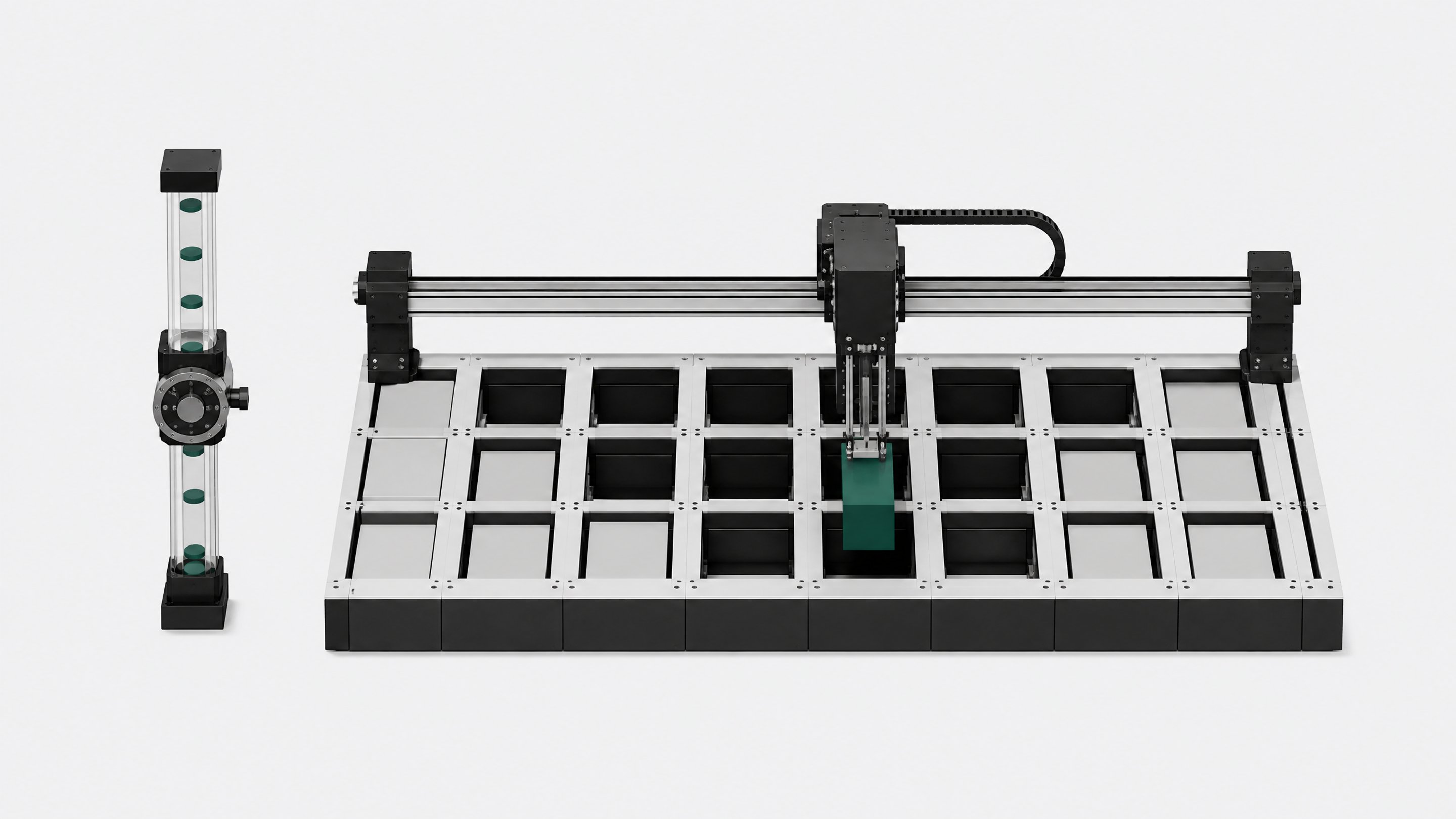 A linear gantry system directly inserting a modular block into an open structural grid beside a narrow, metered output tube, representing extensible back-end access versus a rate-limited API.