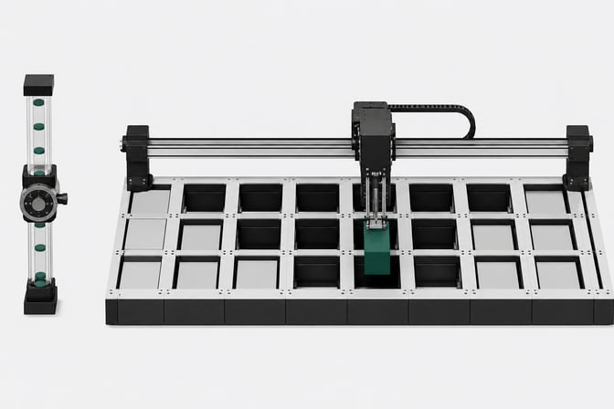 A linear gantry system directly inserting a modular block into an open structural grid beside a narrow, metered output tube, representing extensible back-end access versus a rate-limited API.