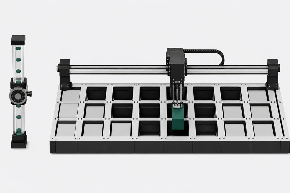 A linear gantry system directly inserting a modular block into an open structural grid beside a narrow, metered output tube, representing extensible back-end access versus a rate-limited API.