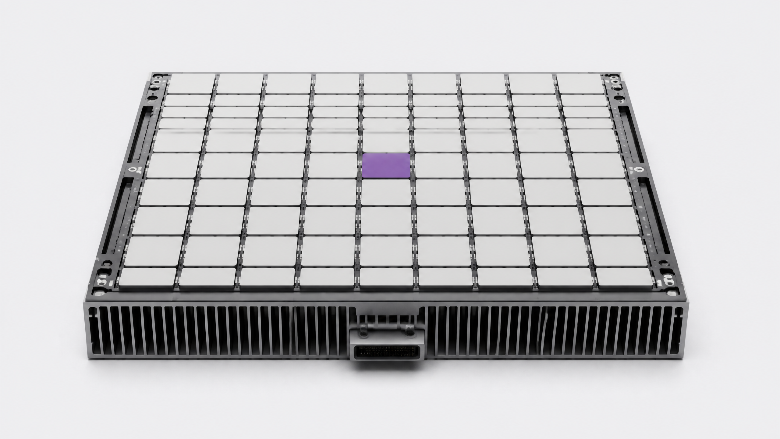 A massive, heavy artificial intelligence accelerator blade and cooling assembly featuring an orderly grid of processing dies.