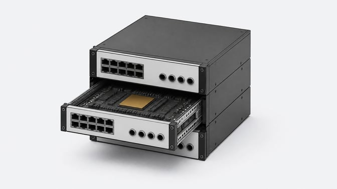 A self-hosted modular micro-server chassis featuring three stacked hardware blades.