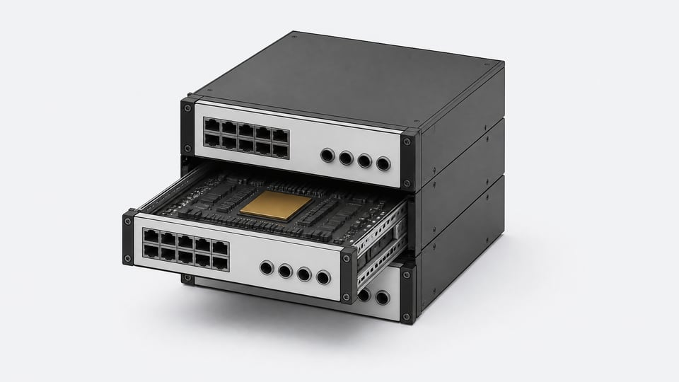A self-hosted modular micro-server chassis featuring three stacked hardware blades.