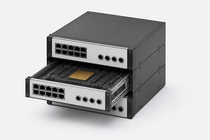 A self-hosted modular micro-server chassis featuring three stacked hardware blades.