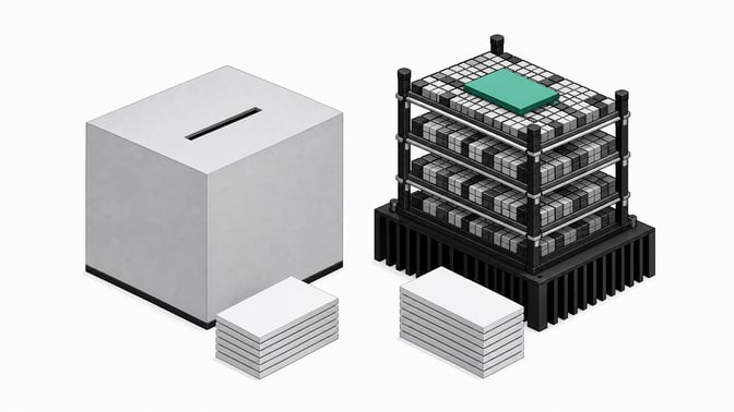 A structural comparison showing a sealed, opaque processing unit beside an open, exposed framework of compressed hardware grid layers, illustrating a remote API endpoint versus a local quantized model.