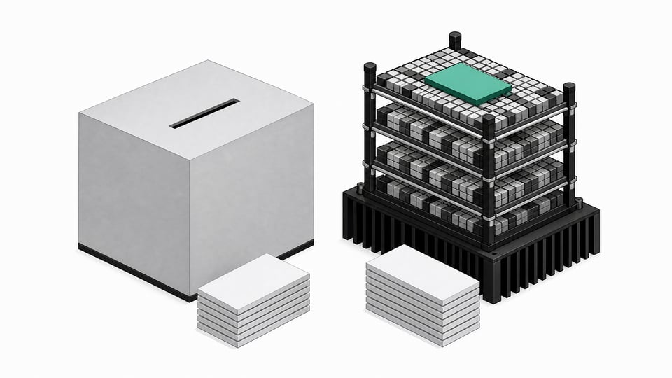 A structural comparison showing a sealed, opaque processing unit beside an open, exposed framework of compressed hardware grid layers, illustrating a remote API endpoint versus a local quantized model.