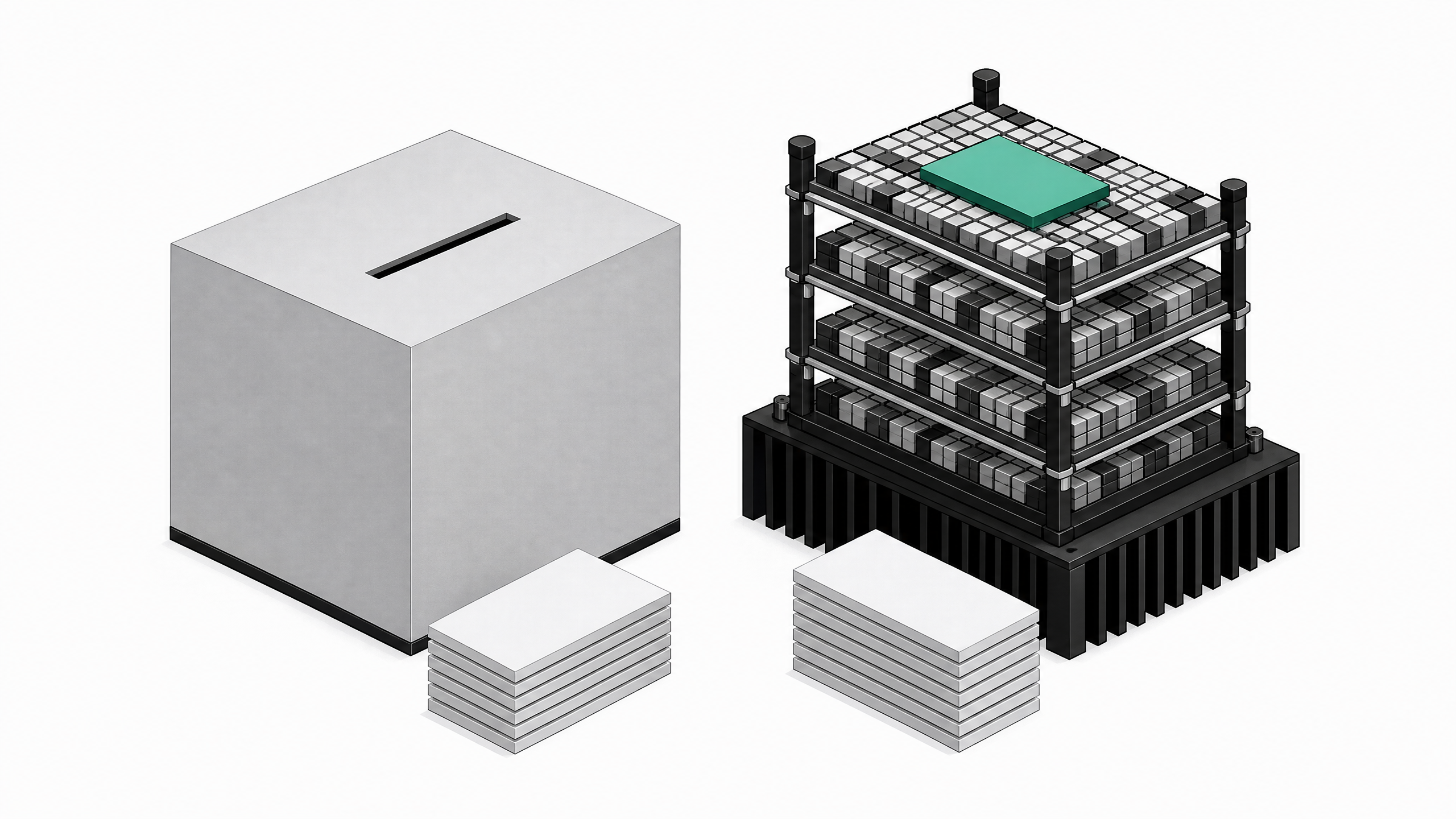 A structural comparison showing a sealed, opaque processing unit beside an open, exposed framework of compressed hardware grid layers, illustrating a remote API endpoint versus a local quantized model.