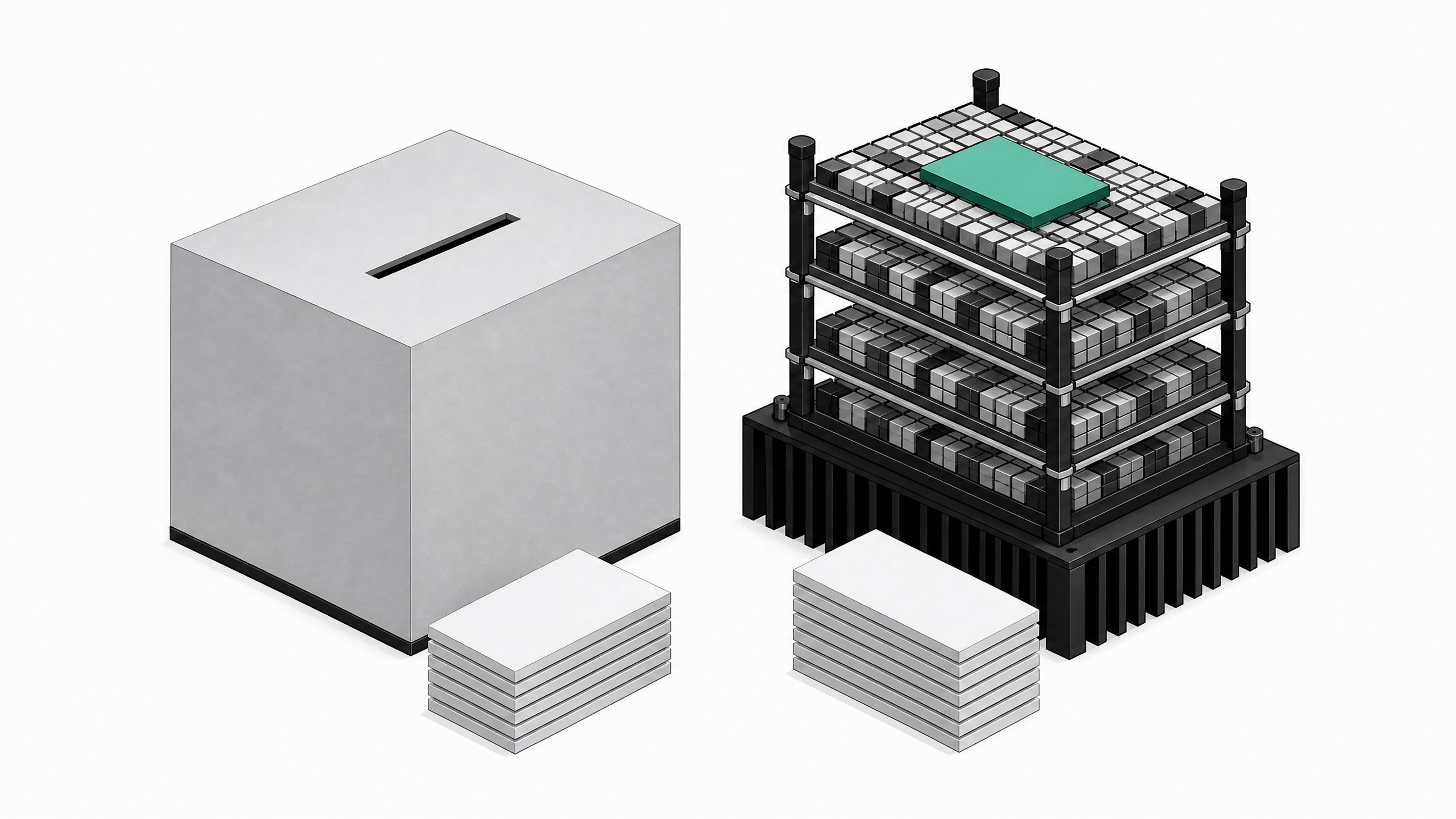 A structural comparison showing a sealed, opaque processing unit beside an open, exposed framework of compressed hardware grid layers, illustrating a remote API endpoint versus a local quantized model.
