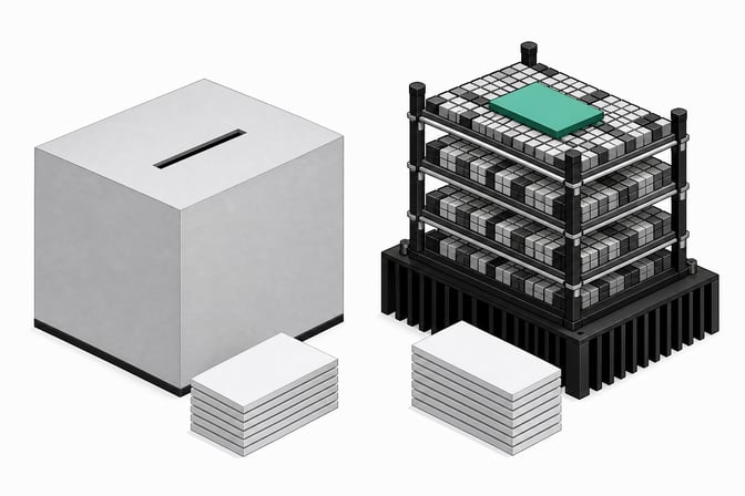 A structural comparison showing a sealed, opaque processing unit beside an open, exposed framework of compressed hardware grid layers, illustrating a remote API endpoint versus a local quantized model.