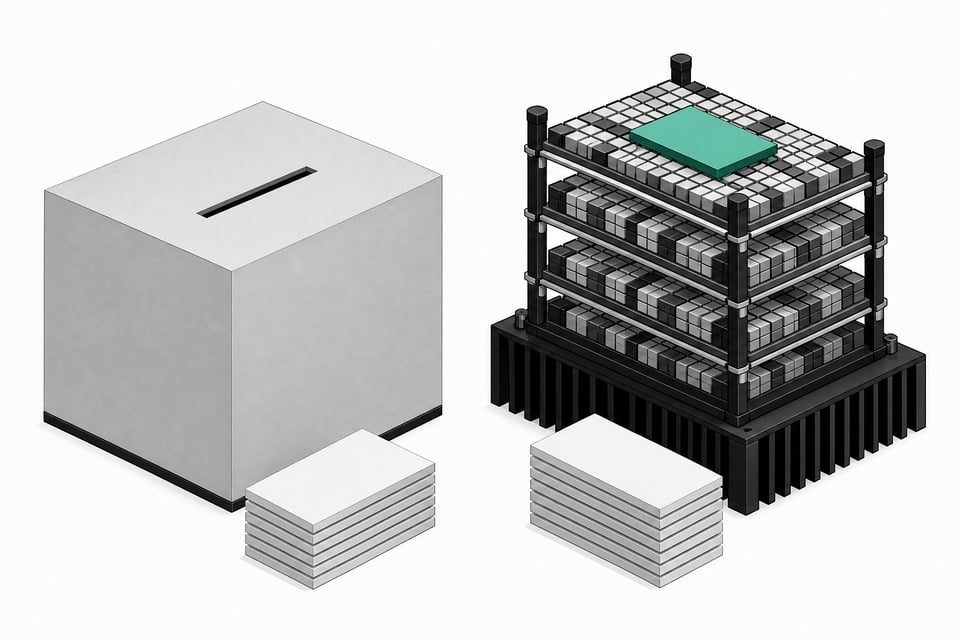 A structural comparison showing a sealed, opaque processing unit beside an open, exposed framework of compressed hardware grid layers, illustrating a remote API endpoint versus a local quantized model.