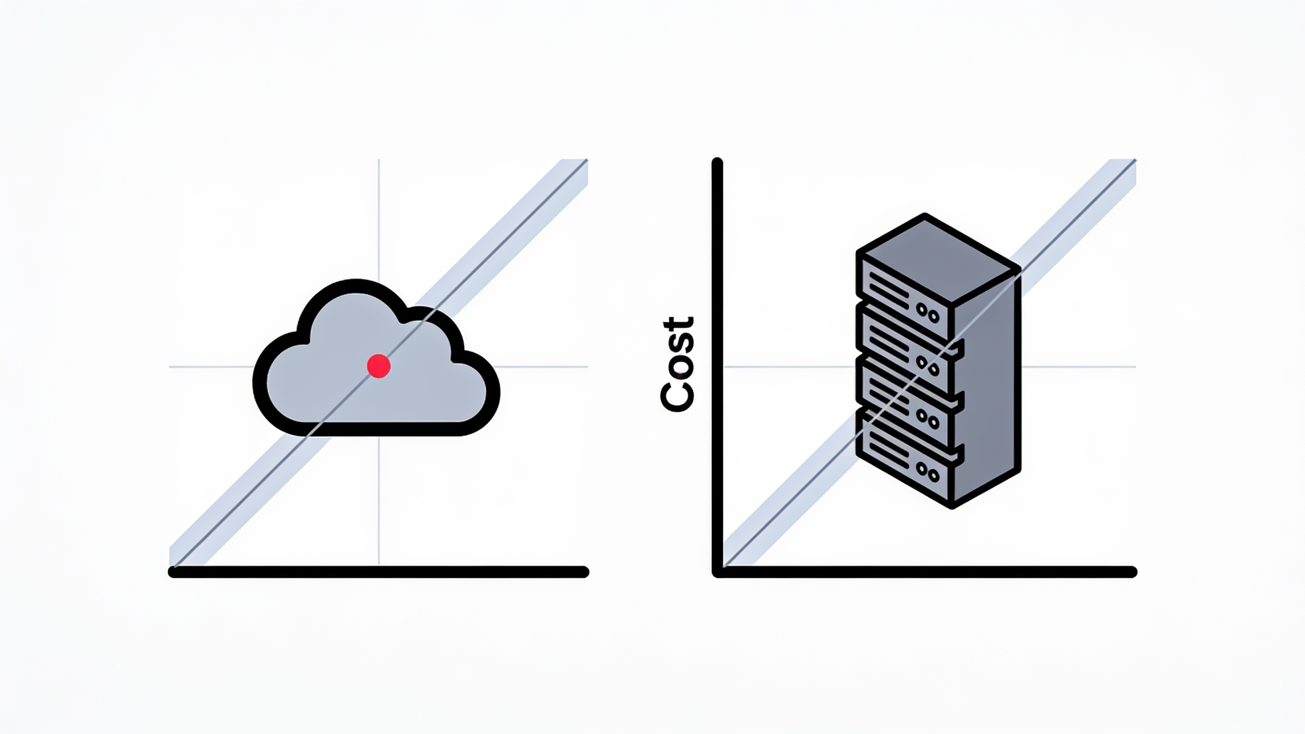 Minimal ink-and-crimson illustration contrasting a tower of tokens draining into a cloud with a solid glowing server box, representing rented API tokens versus owned local hardware