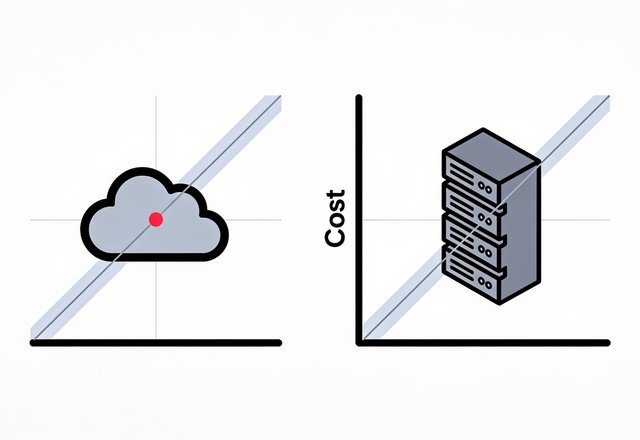 Minimal ink-and-crimson illustration contrasting a tower of tokens draining into a cloud with a solid glowing server box, representing rented API tokens versus owned local hardware