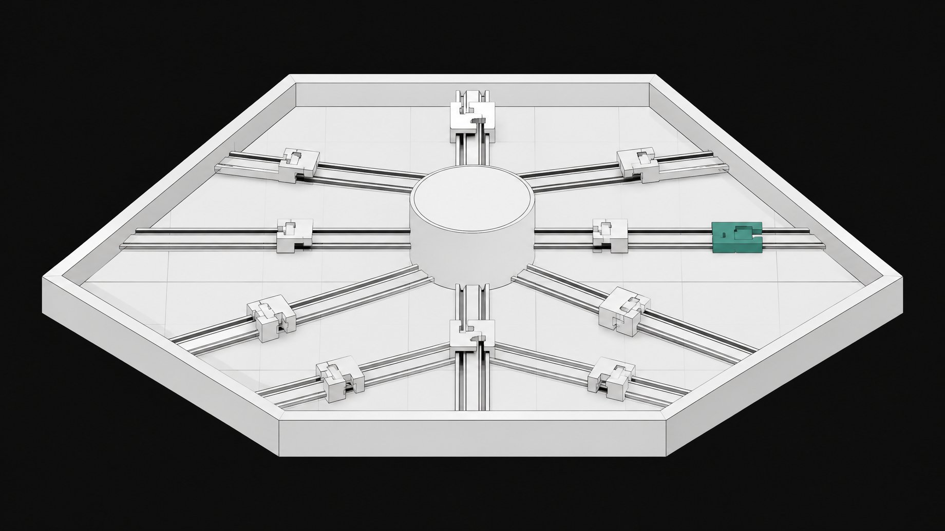 A structural diagram of a computational sandbox where rails radiating from a central hub pass through precise mechanical routing blocks, illustrating direct governance of agent actions over simple perimeter isolation.