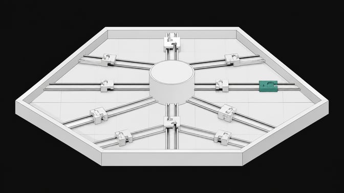A structural diagram of a computational sandbox where rails radiating from a central hub pass through precise mechanical routing blocks, illustrating direct governance of agent actions over simple perimeter isolation.