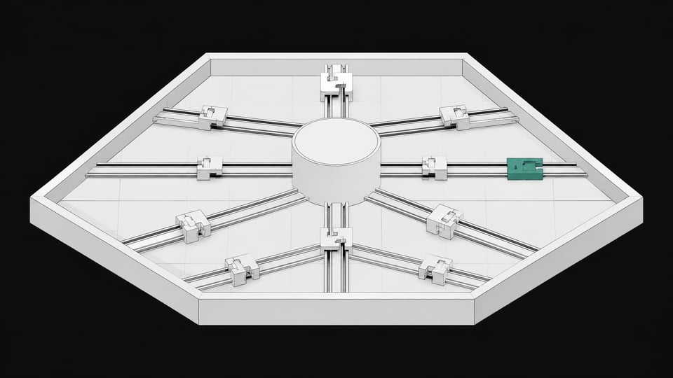 A structural diagram of a computational sandbox where rails radiating from a central hub pass through precise mechanical routing blocks, illustrating direct governance of agent actions over simple perimeter isolation.