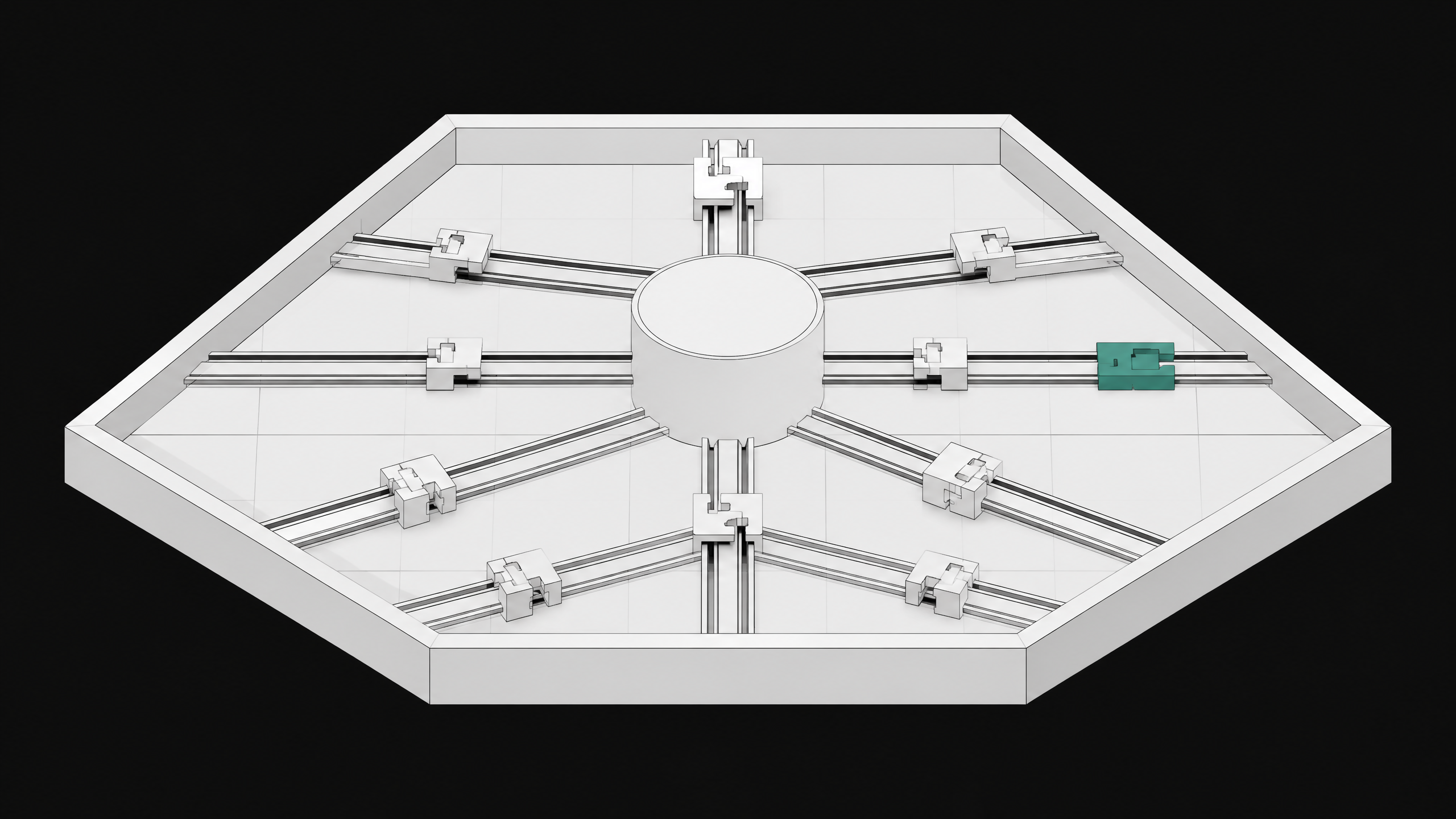 A structural diagram of a computational sandbox where rails radiating from a central hub pass through precise mechanical routing blocks, illustrating direct governance of agent actions over simple perimeter isolation.