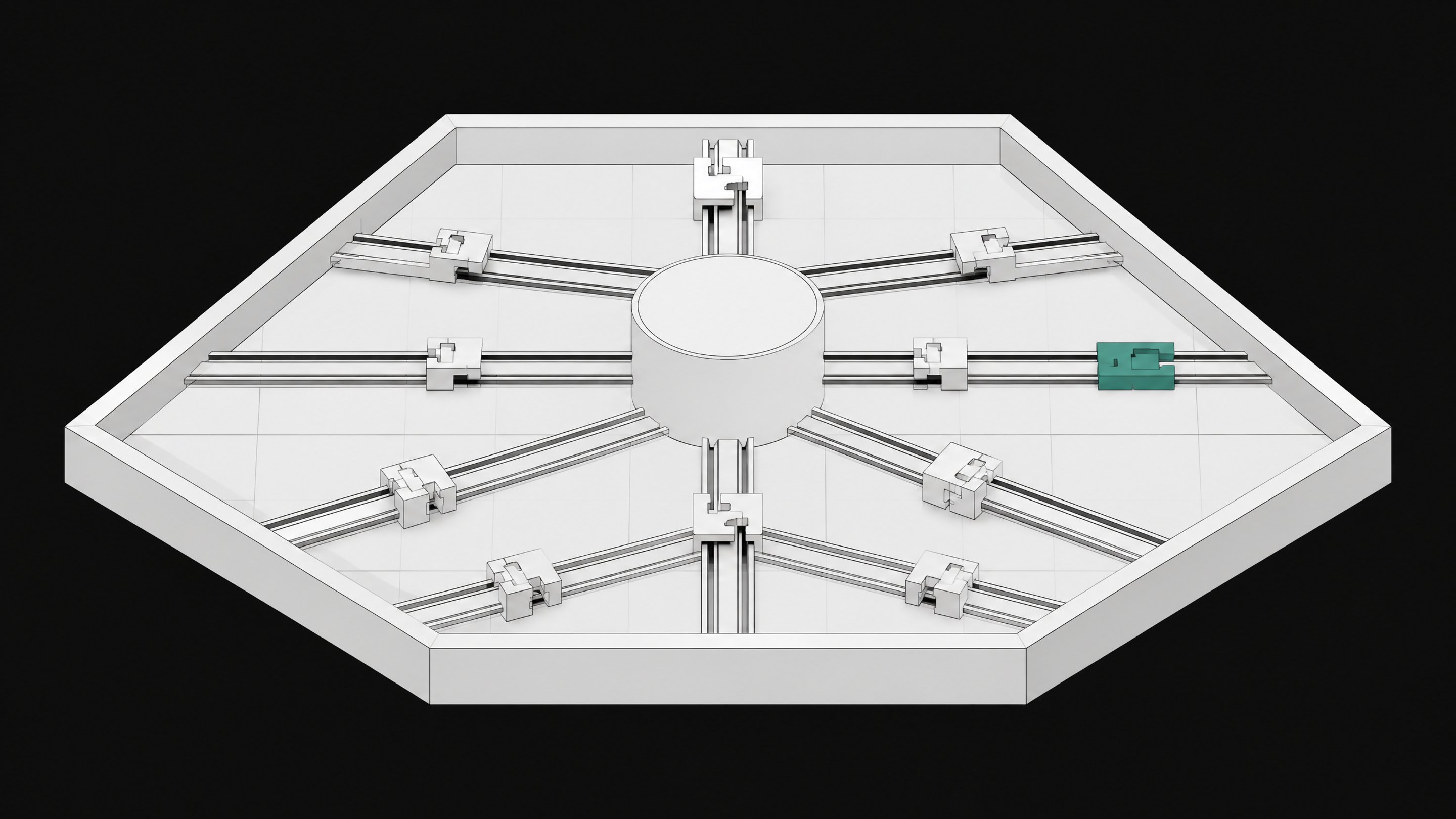 A structural diagram of a computational sandbox where rails radiating from a central hub pass through precise mechanical routing blocks, illustrating direct governance of agent actions over simple perimeter isolation.