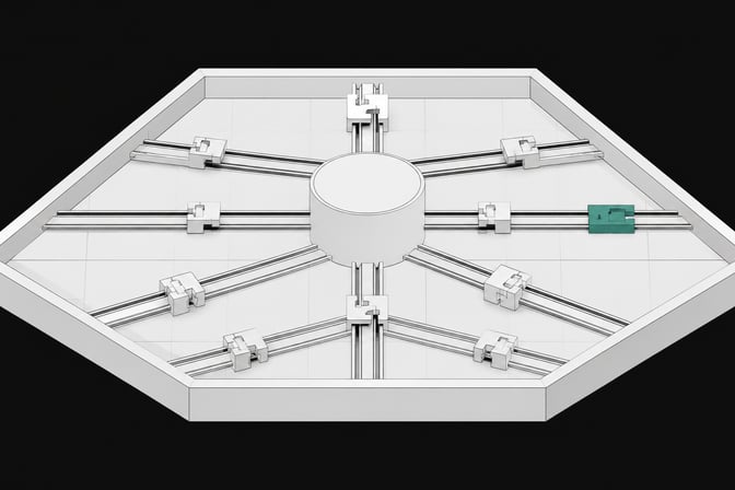 A structural diagram of a computational sandbox where rails radiating from a central hub pass through precise mechanical routing blocks, illustrating direct governance of agent actions over simple perimeter isolation.