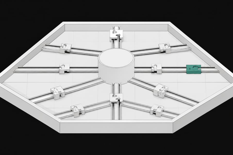 A structural diagram of a computational sandbox where rails radiating from a central hub pass through precise mechanical routing blocks, illustrating direct governance of agent actions over simple perimeter isolation.