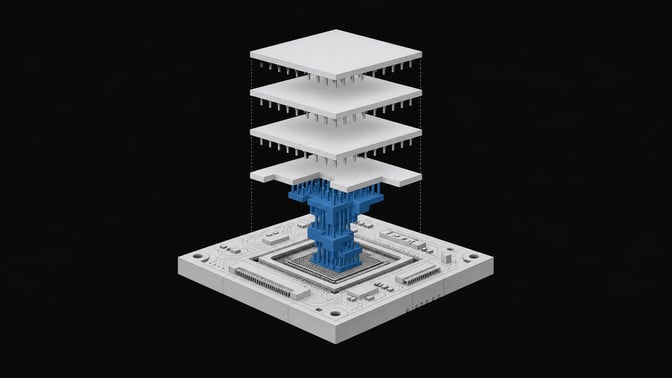 An isometric architectural model demonstrating a firmware pin-grid bridge selectively blocking standard software plates from seating into a hardware device base.