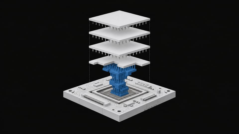 An isometric architectural model demonstrating a firmware pin-grid bridge selectively blocking standard software plates from seating into a hardware device base.