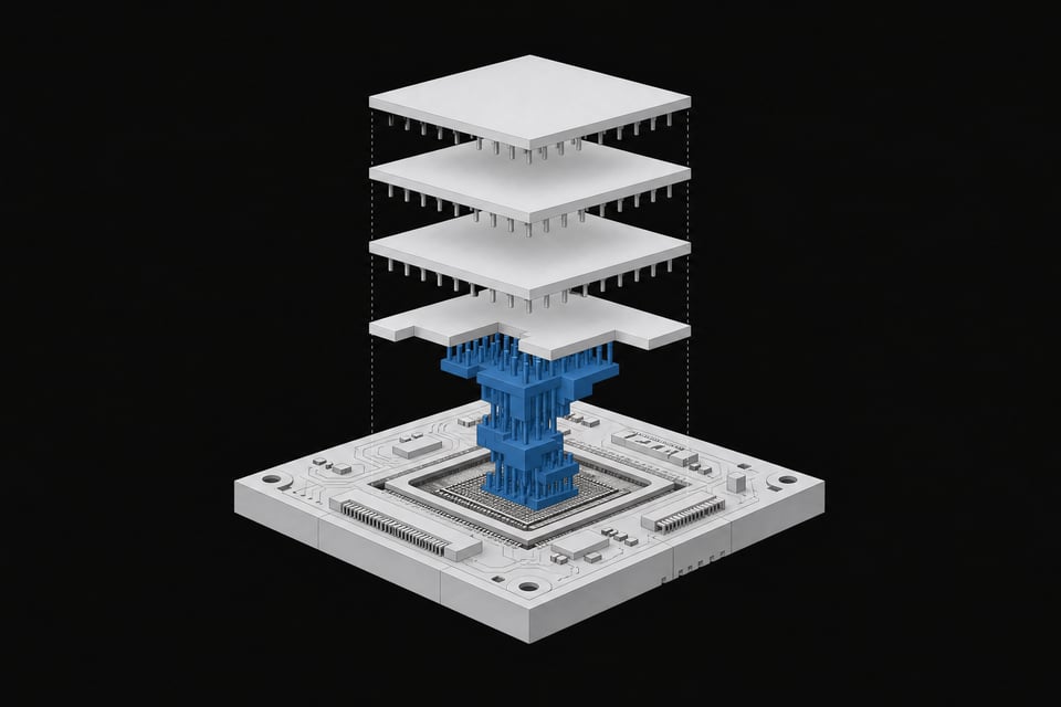 An isometric architectural model demonstrating a firmware pin-grid bridge selectively blocking standard software plates from seating into a hardware device base.