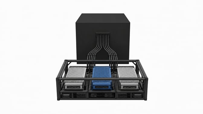 An exposed, modular hardware chassis syncs via physical conduits to a large, sealed opaque monolith, representing local-first architecture and sync tooling contrasting with closed SaaS.