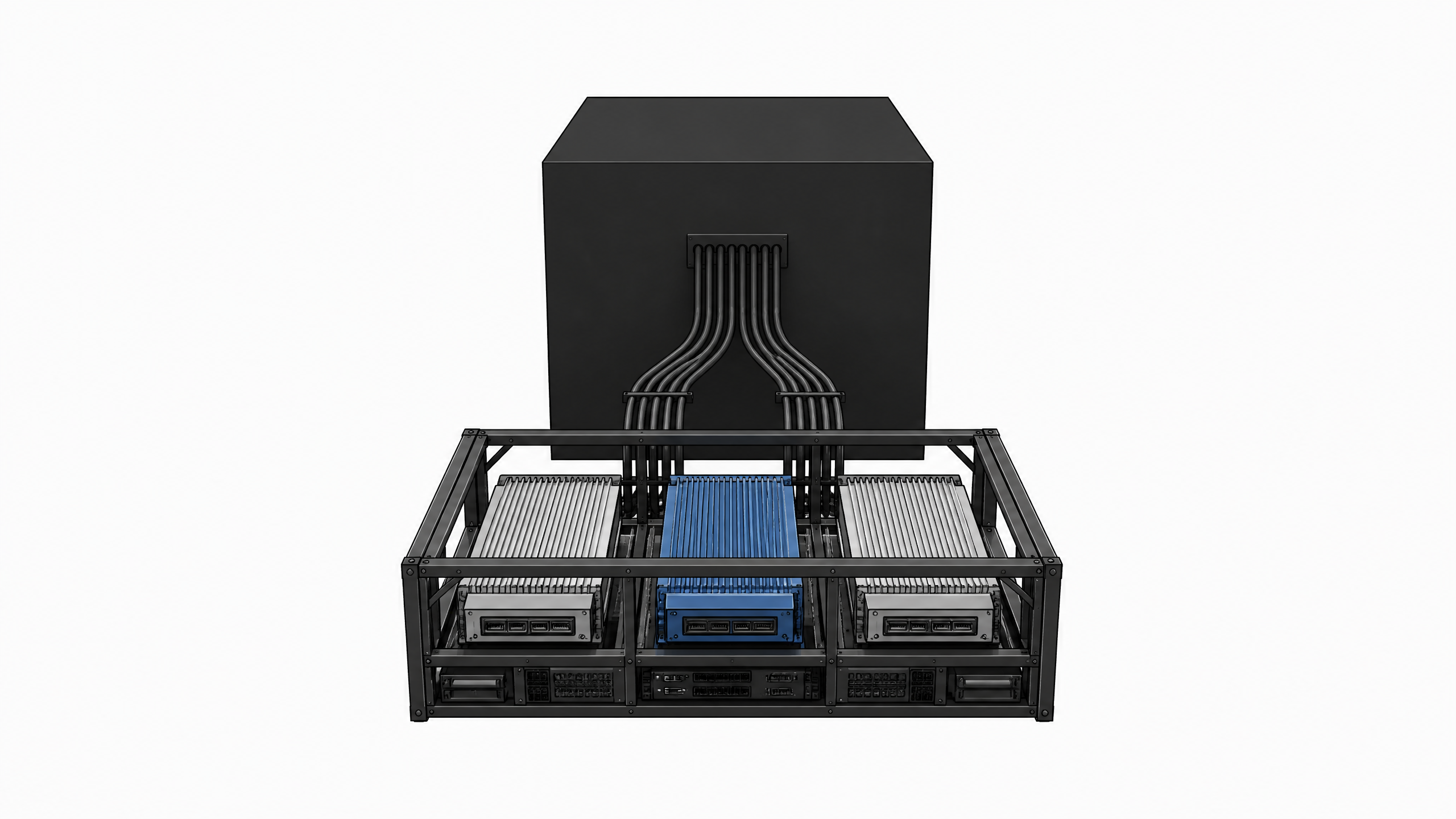 An exposed, modular hardware chassis syncs via physical conduits to a large, sealed opaque monolith, representing local-first architecture and sync tooling contrasting with closed SaaS.