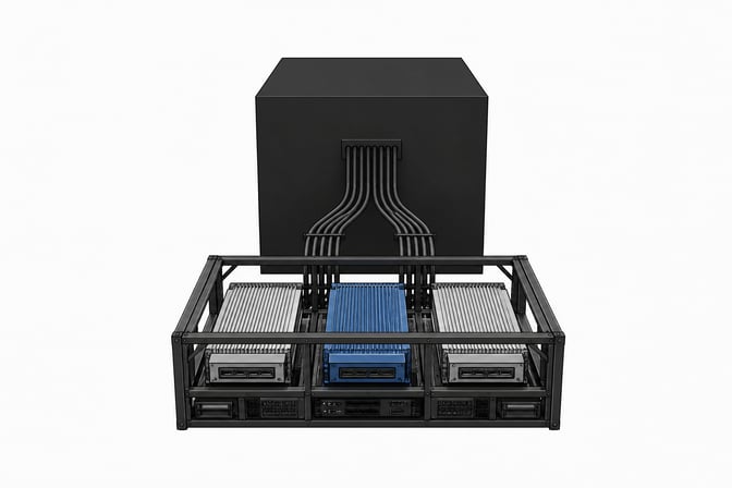 An exposed, modular hardware chassis syncs via physical conduits to a large, sealed opaque monolith, representing local-first architecture and sync tooling contrasting with closed SaaS.