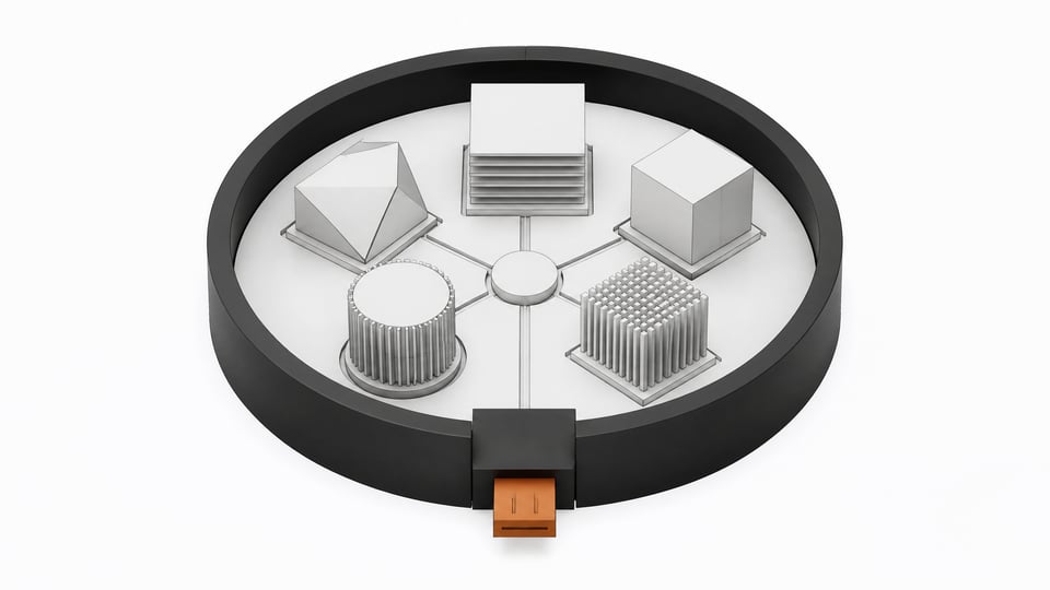 A hardware topological model depicting five distinct physical server modules enclosed within a localized network perimeter ring bridged by a single ingress node.