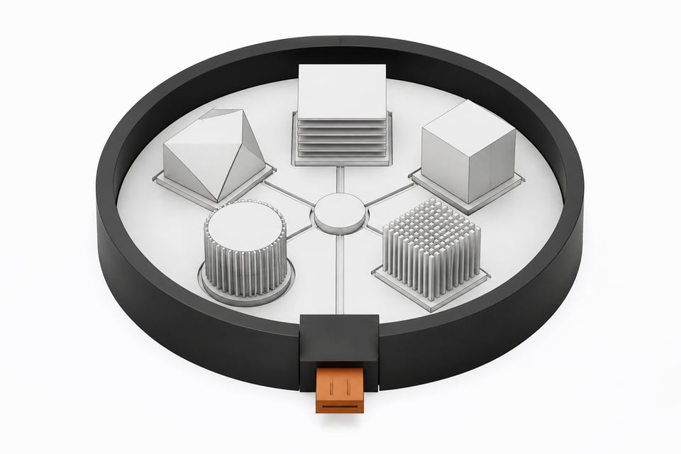 A hardware topological model depicting five distinct physical server modules enclosed within a localized network perimeter ring bridged by a single ingress node.