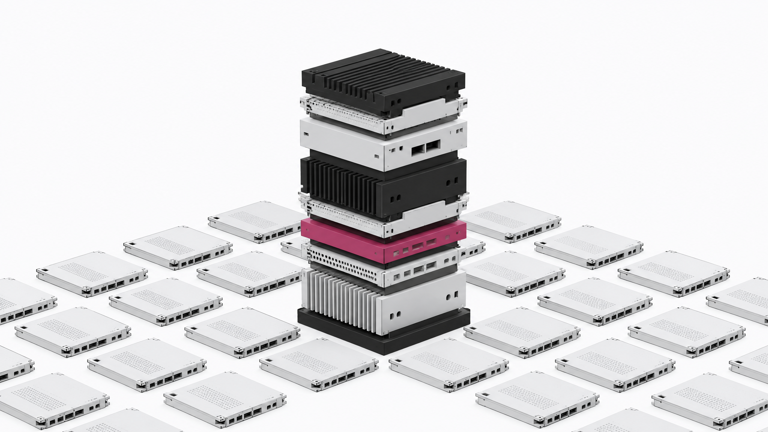 A towering stack of diverse, interlocking hardware modules rising from a grid of identical components to represent a custom-built infrastructure stack.