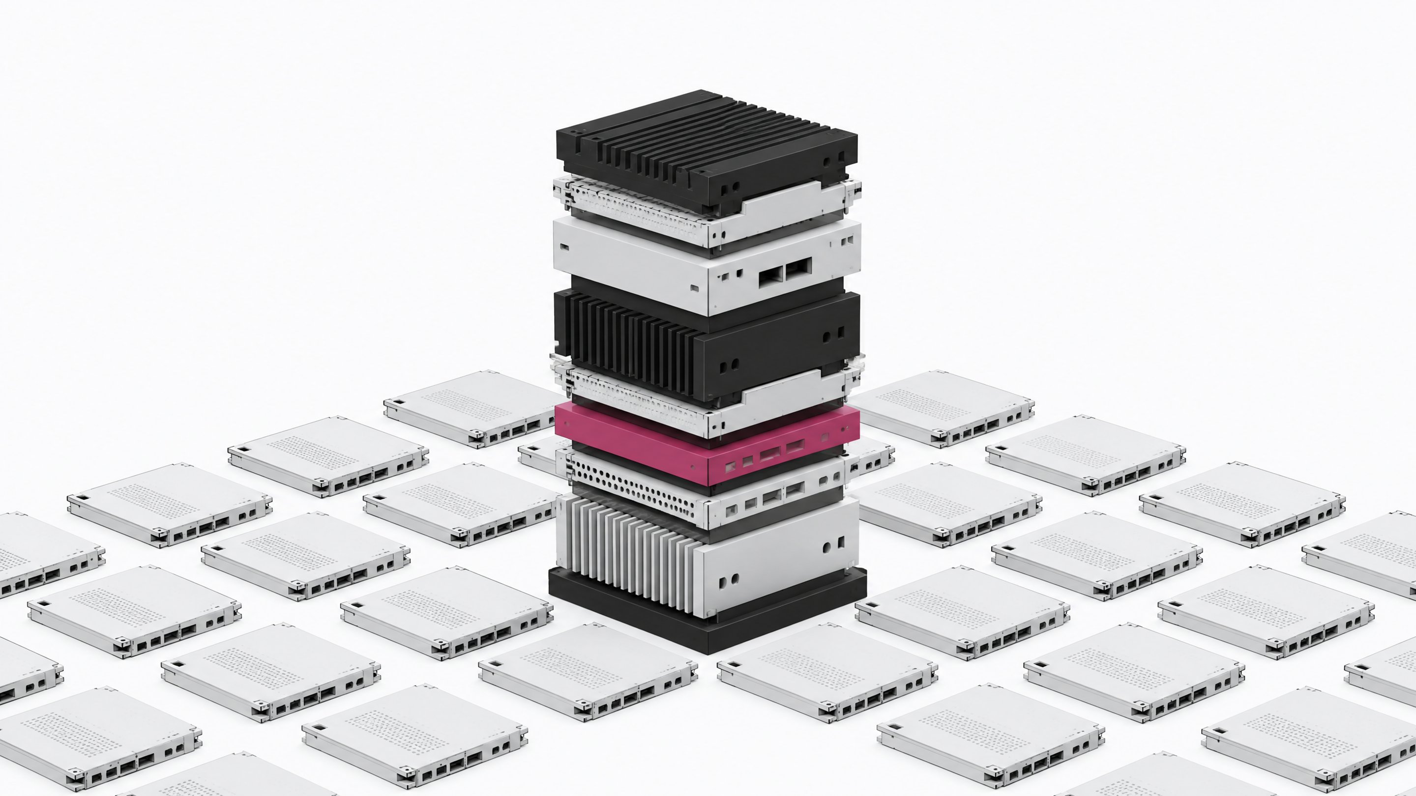 A towering stack of diverse, interlocking hardware modules rising from a grid of identical components to represent a custom-built infrastructure stack.