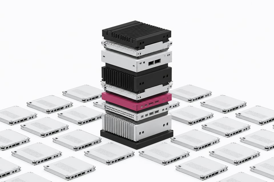 A towering stack of diverse, interlocking hardware modules rising from a grid of identical components to represent a custom-built infrastructure stack.