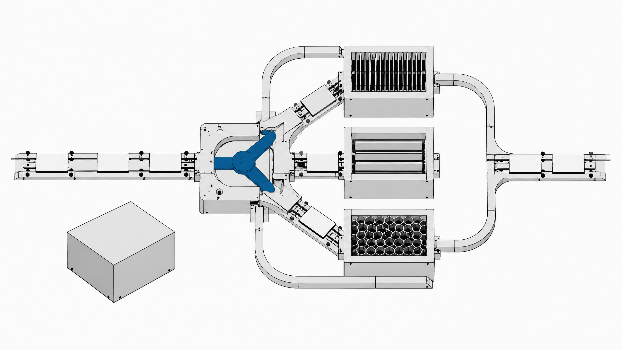 A central routing manifold sorting blank data plates into three distinct, specialized processing bays and one fallback bypass rail, representing a multi-agent AI architecture.