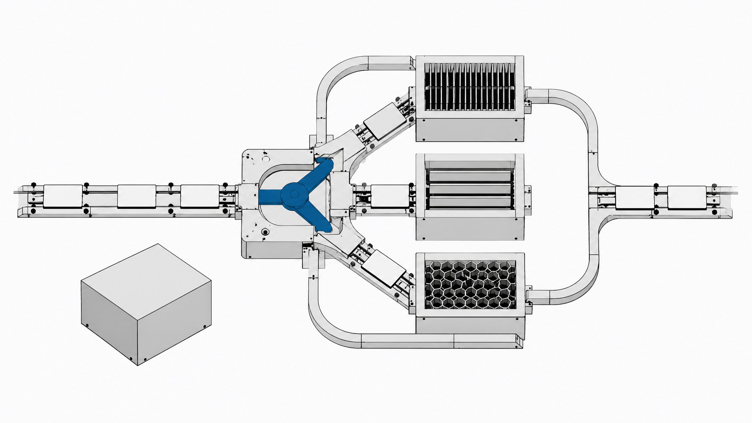 A central routing manifold sorting blank data plates into three distinct, specialized processing bays and one fallback bypass rail, representing a multi-agent AI architecture.