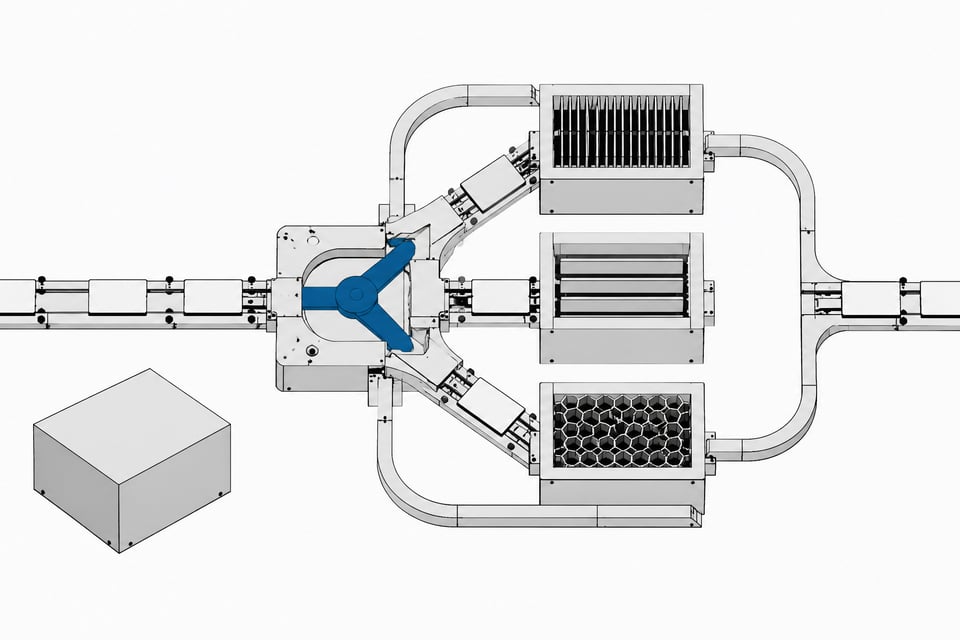 A central routing manifold sorting blank data plates into three distinct, specialized processing bays and one fallback bypass rail, representing a multi-agent AI architecture.