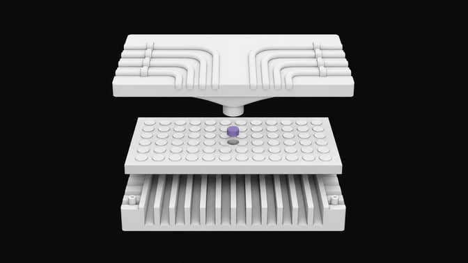 An exploded structural view of a hardware chassis with a top routing manifold feeding into a grid of blank indicator pegs, representing a self-hosted status page and reverse proxy layer.