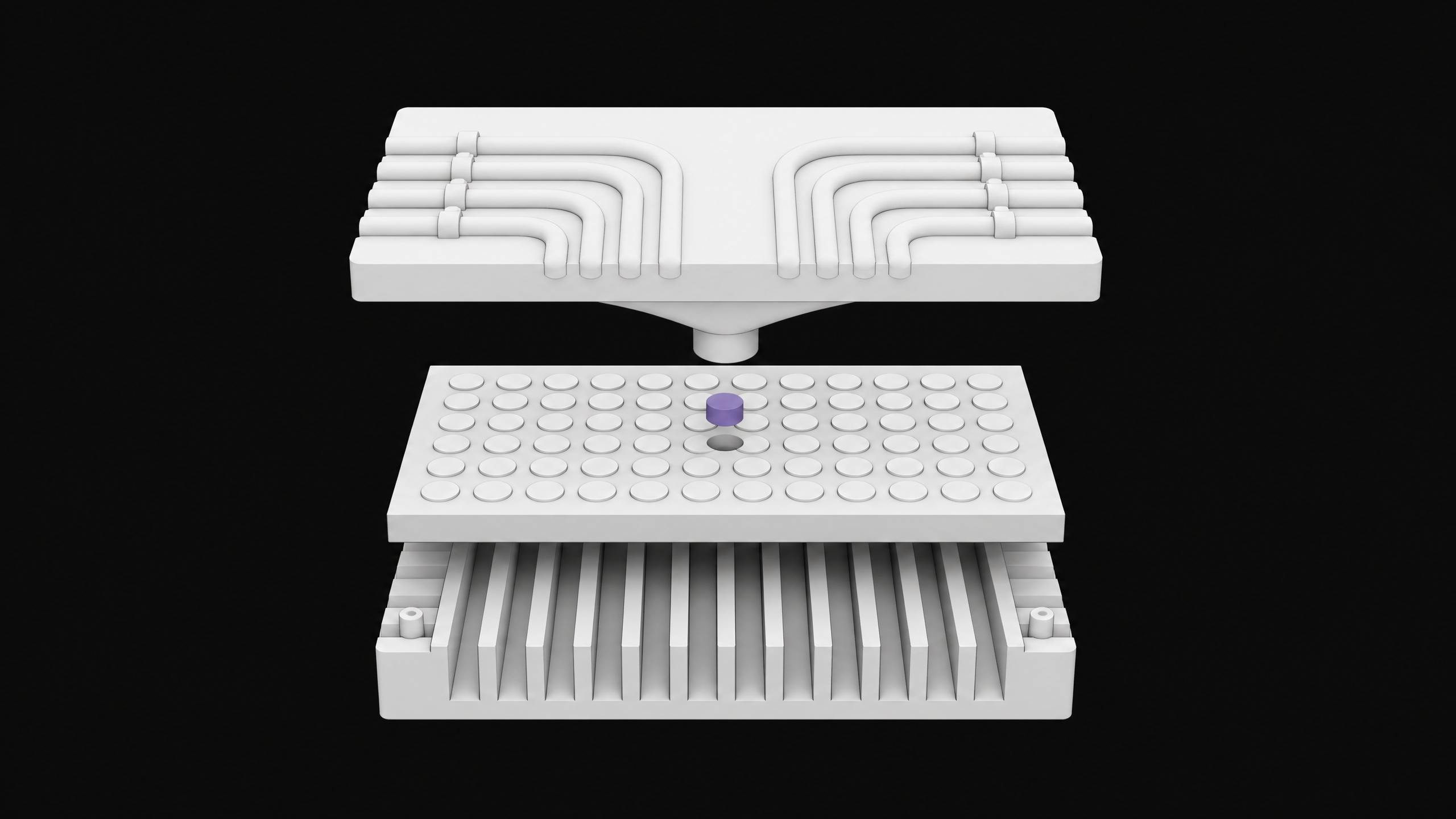 An exploded structural view of a hardware chassis with a top routing manifold feeding into a grid of blank indicator pegs, representing a self-hosted status page and reverse proxy layer.