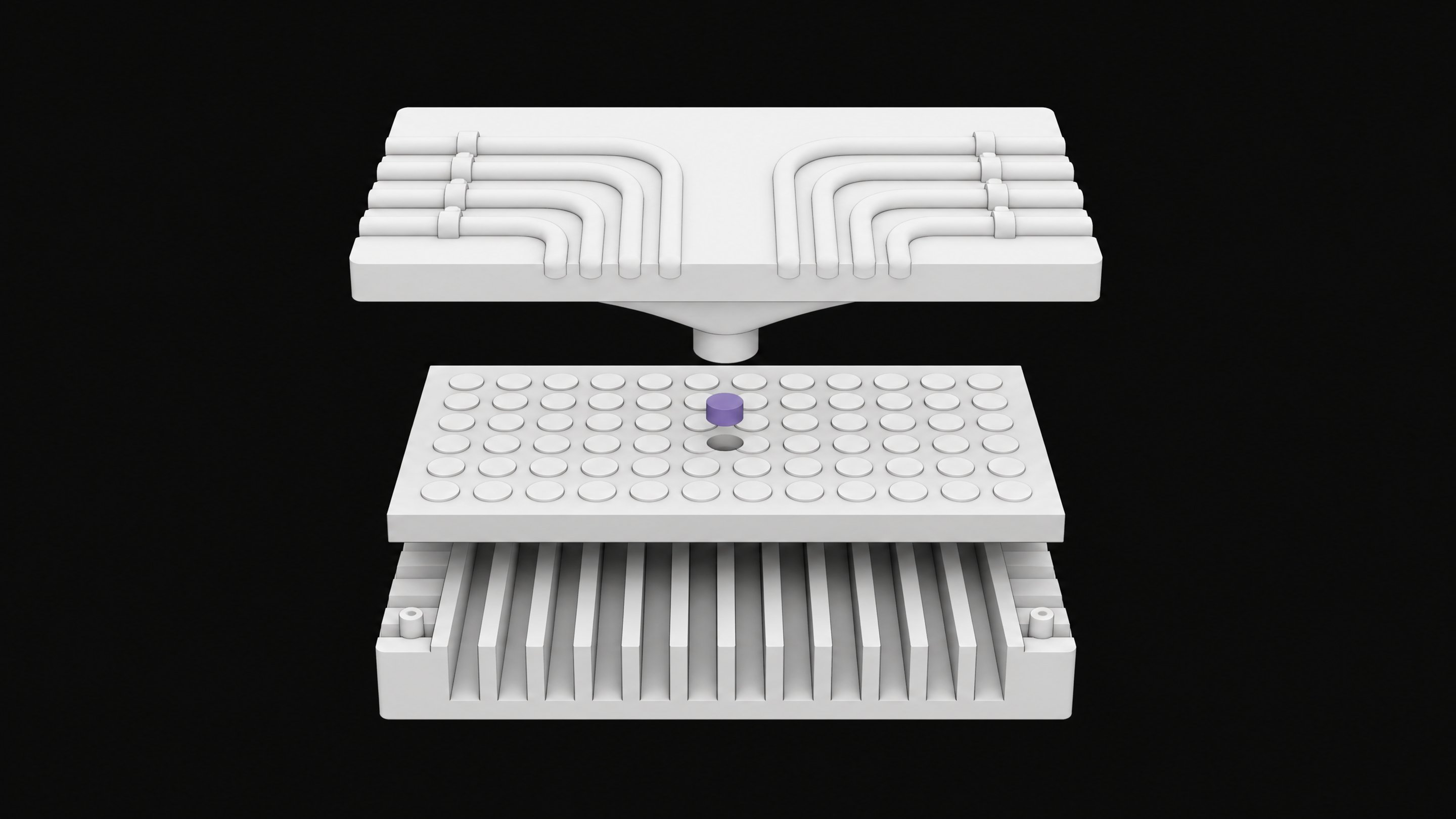 An exploded structural view of a hardware chassis with a top routing manifold feeding into a grid of blank indicator pegs, representing a self-hosted status page and reverse proxy layer.