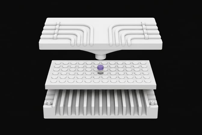 An exploded structural view of a hardware chassis with a top routing manifold feeding into a grid of blank indicator pegs, representing a self-hosted status page and reverse proxy layer.