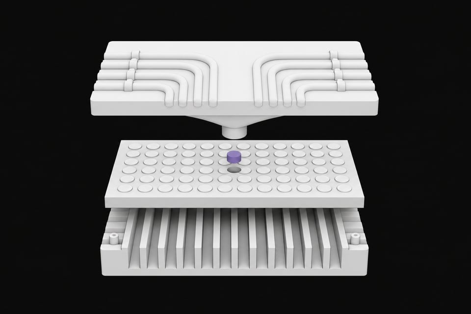 An exploded structural view of a hardware chassis with a top routing manifold feeding into a grid of blank indicator pegs, representing a self-hosted status page and reverse proxy layer.