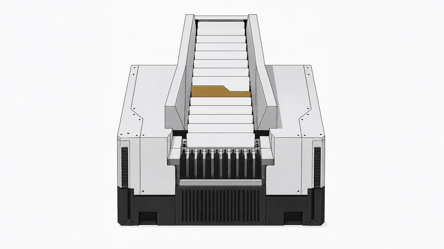 A high-speed computing chute ingesting blank data plates, featuring one structurally misaligned plate to represent vulnerabilities generated by autonomous AI coding assistants.