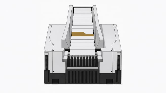 A high-speed computing chute ingesting blank data plates, featuring one structurally misaligned plate to represent vulnerabilities generated by autonomous AI coding assistants.