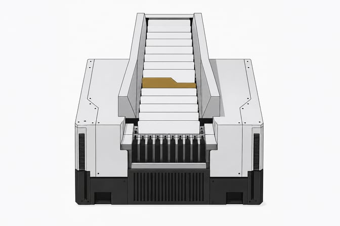 A high-speed computing chute ingesting blank data plates, featuring one structurally misaligned plate to represent vulnerabilities generated by autonomous AI coding assistants.