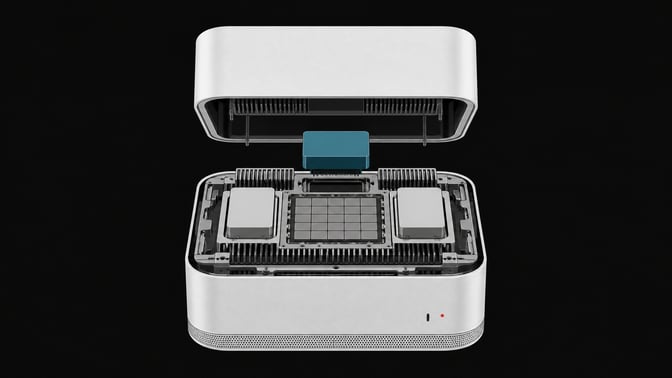 An exploded view of a rounded desktop computer chassis revealing internal unified processing chips and modular AI agent cartridges.