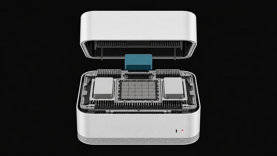 An exploded view of a rounded desktop computer chassis revealing internal unified processing chips and modular AI agent cartridges.