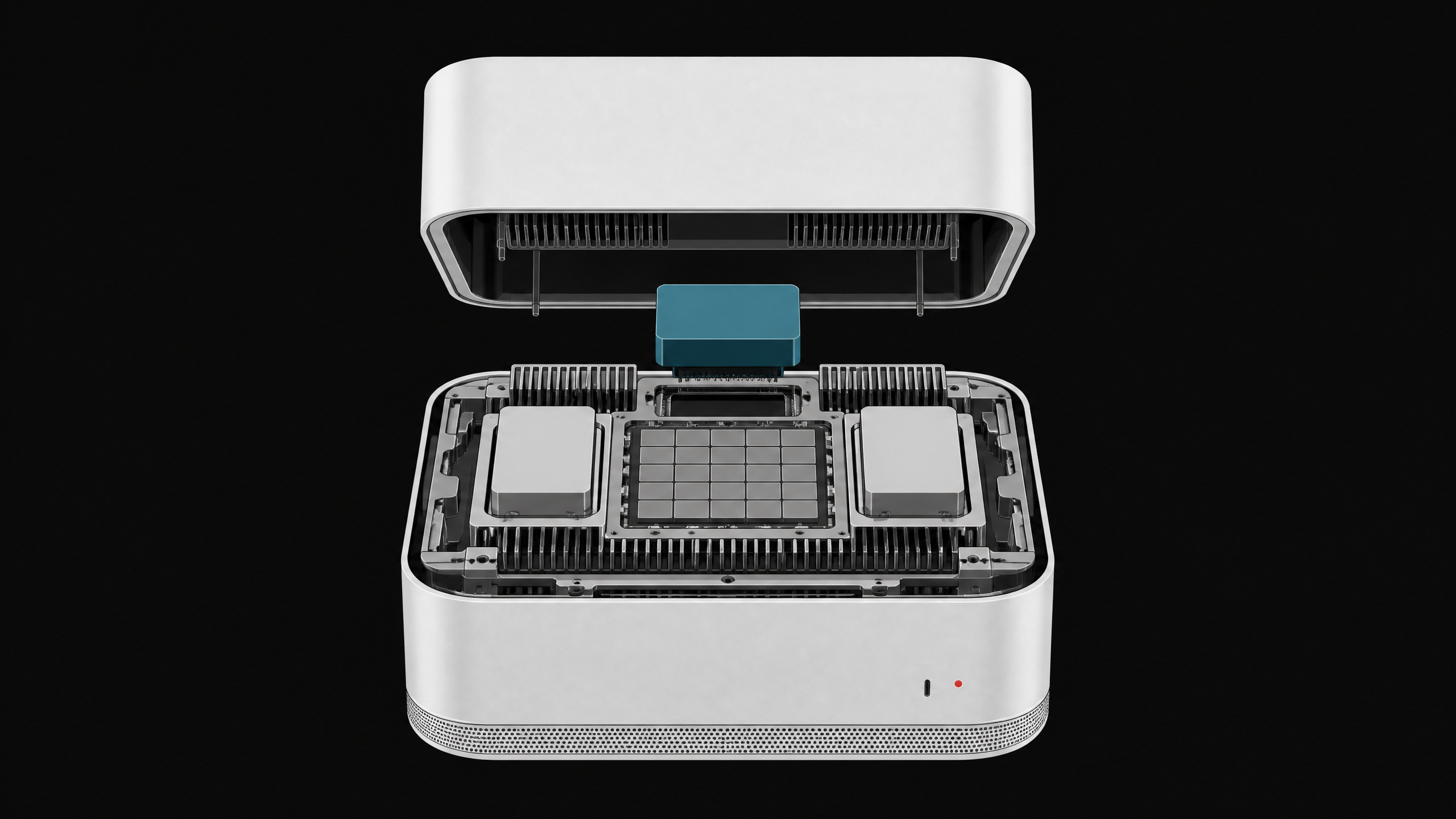 An exploded view of a rounded desktop computer chassis revealing internal unified processing chips and modular AI agent cartridges.