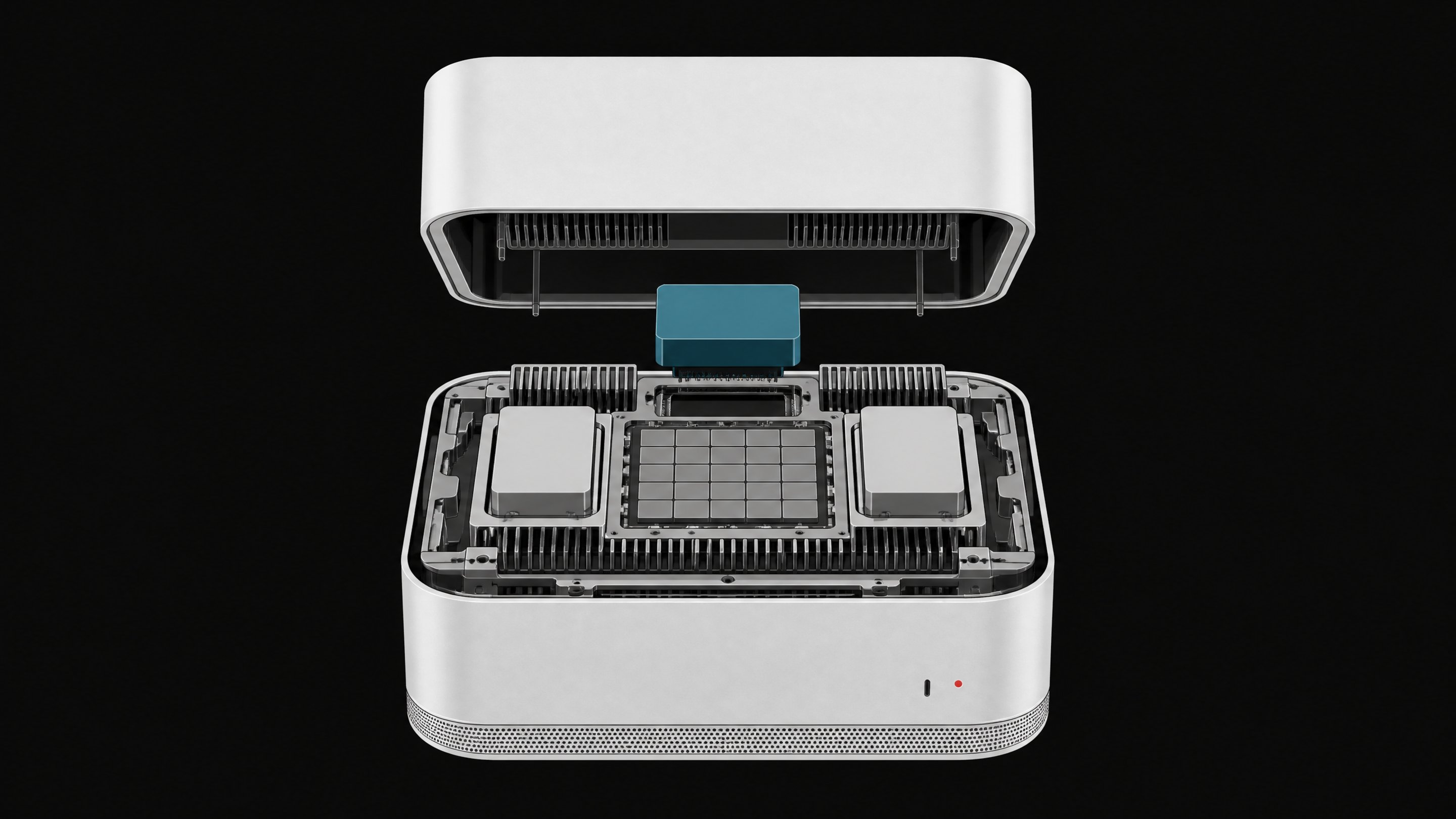 An exploded view of a rounded desktop computer chassis revealing internal unified processing chips and modular AI agent cartridges.
