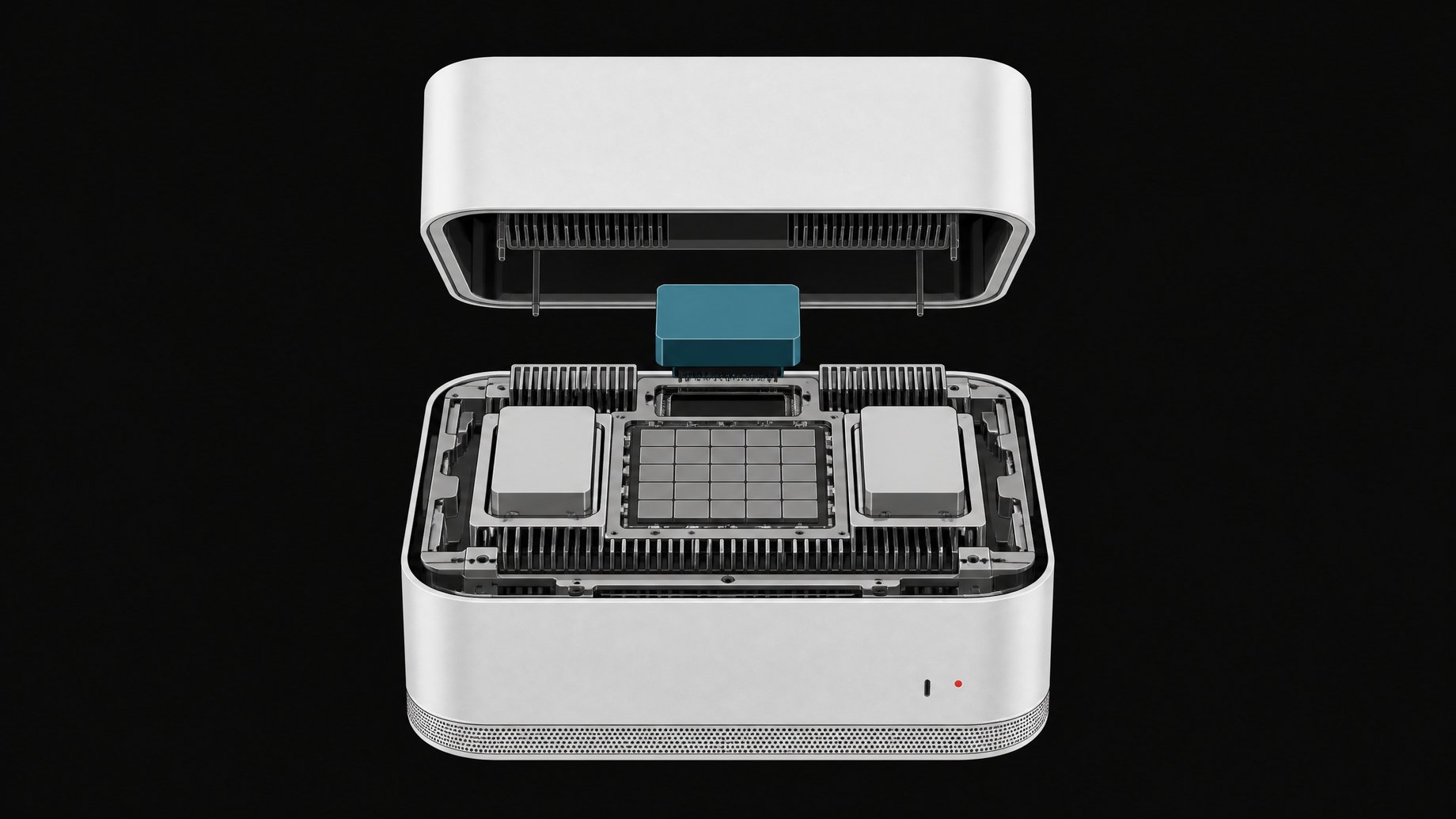 An exploded view of a rounded desktop computer chassis revealing internal unified processing chips and modular AI agent cartridges.