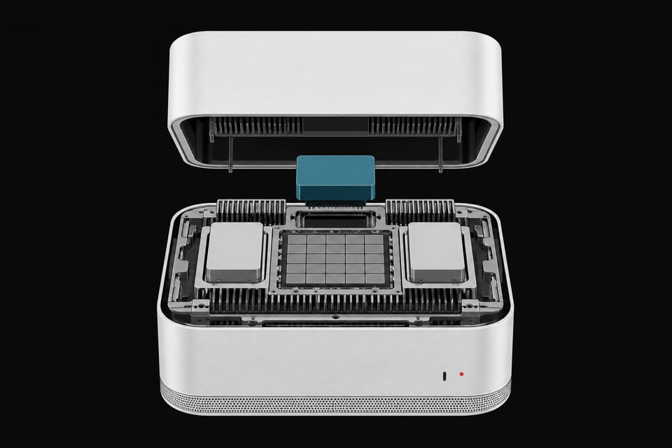 An exploded view of a rounded desktop computer chassis revealing internal unified processing chips and modular AI agent cartridges.